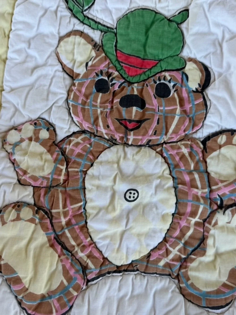 VTG Mid Century Animal Crib Blanket Puppy Kitty Bunny Flower Yellow Cutter 38x44